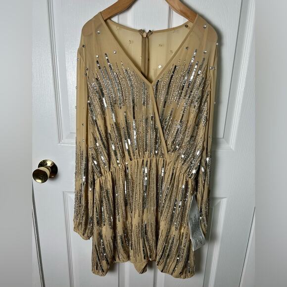 Mac Duggal Beaded Sequin Long Sleeve V Neck Surplice Neck Romper 10563 Nude 10 - Picture 2 of 12